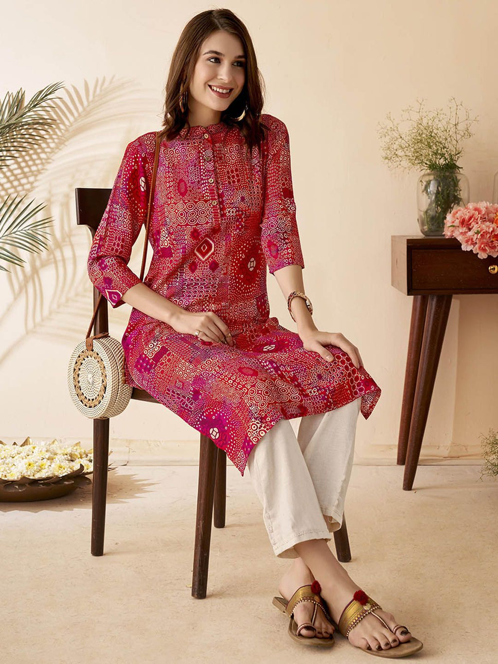 Abstract Printed Band Collar Straight Kurta