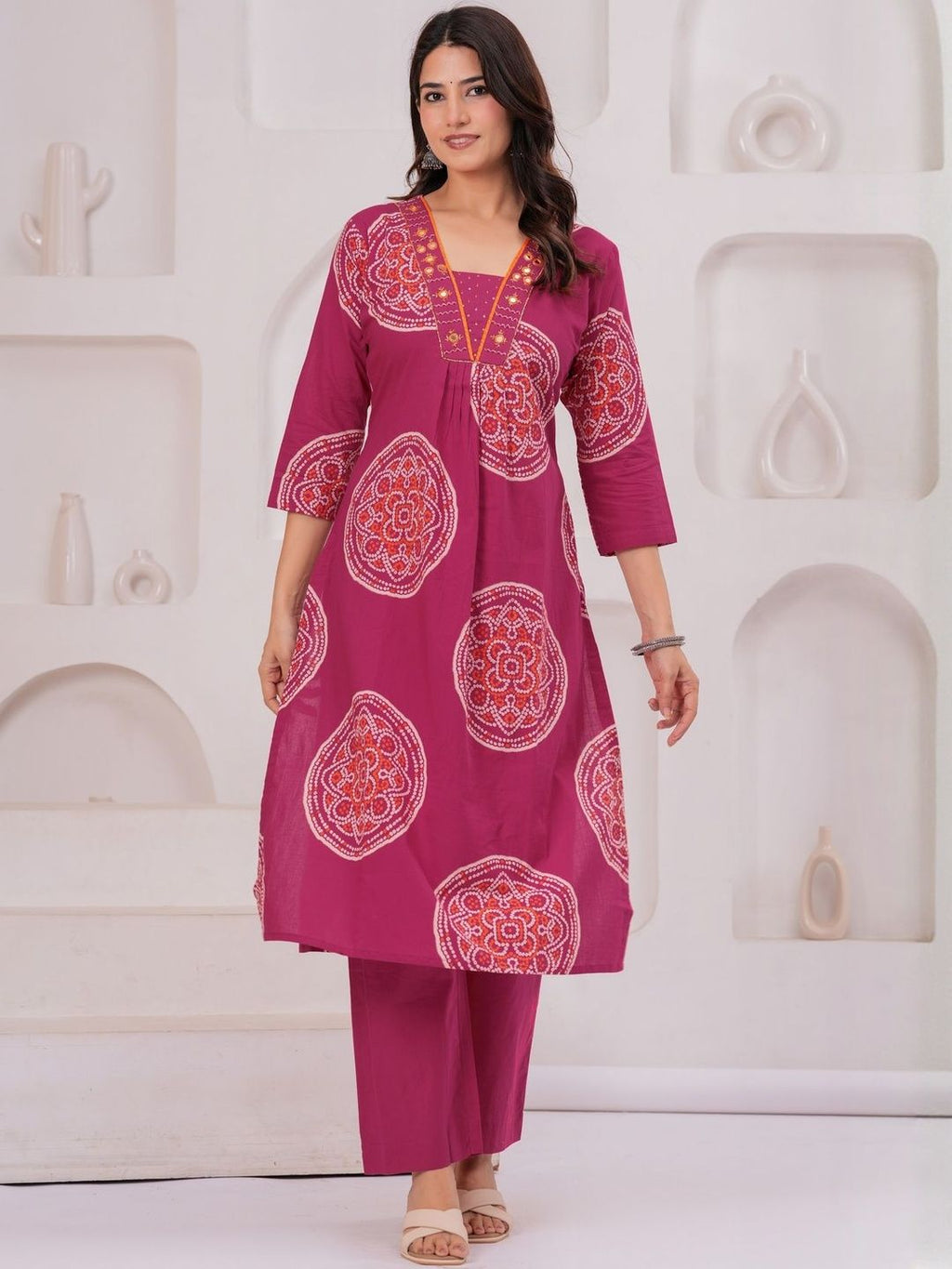 Dhimhi Women's Ethnic Motifs Printed Mirror Work Pure Cotton Straight Kurta With Trousers