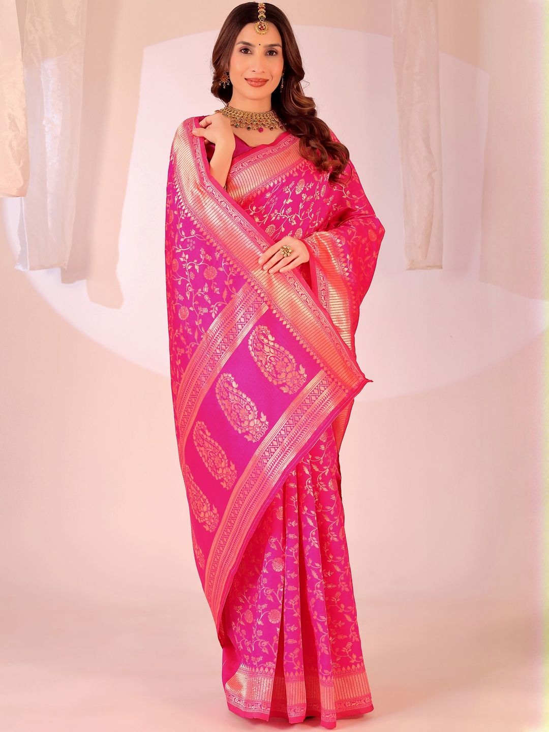 Dhimhi Women's Pink Silk Cotton Woven Design Sarees