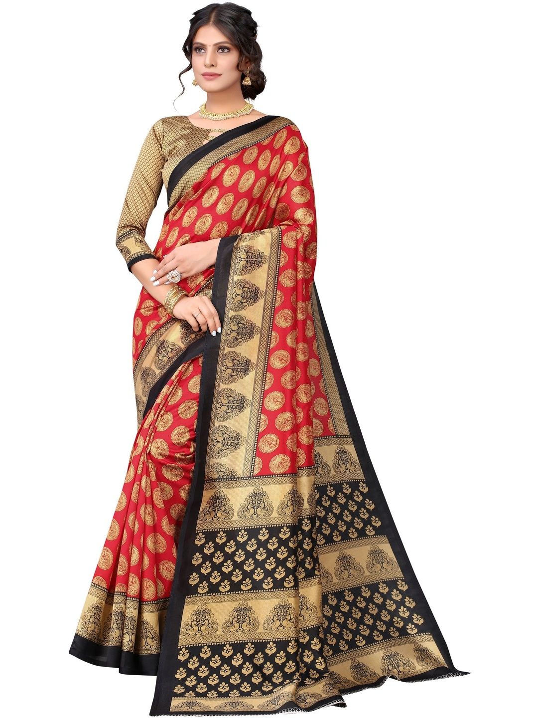 Dhimhi Women's Red & Green Peacock Printed Art Silk Saree