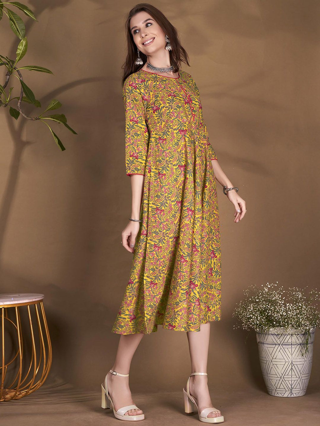 Dhimhi Women's Floral Printed Cotton Fit & Flare Ethnic Dress