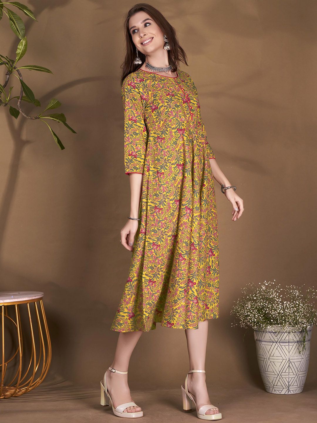 Dhimhi Women's Floral Printed Cotton Fit & Flare Ethnic Dress