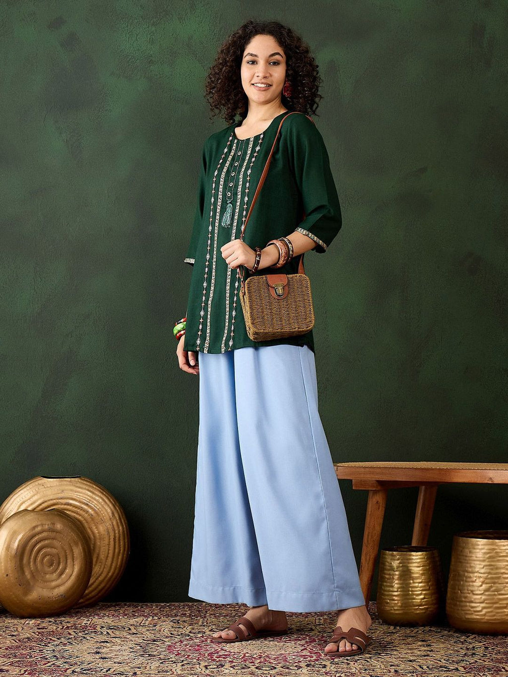 Dhimhi Women's Ethnic Motifs Embroidered Round Neck Top