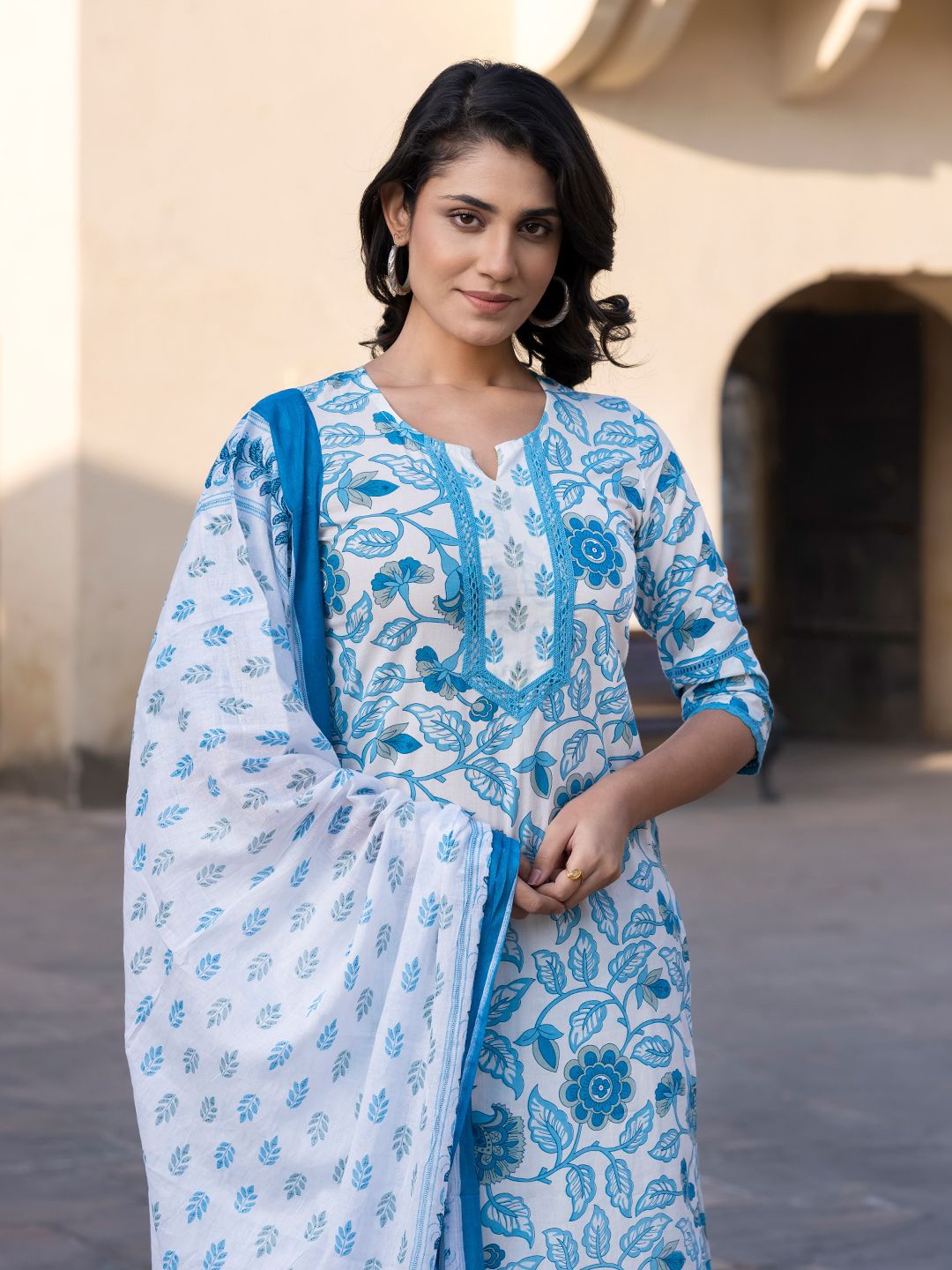 Dhimhi Women's Floral Printed Straight Pure Cotton Kurta With Trousers & Dupatta