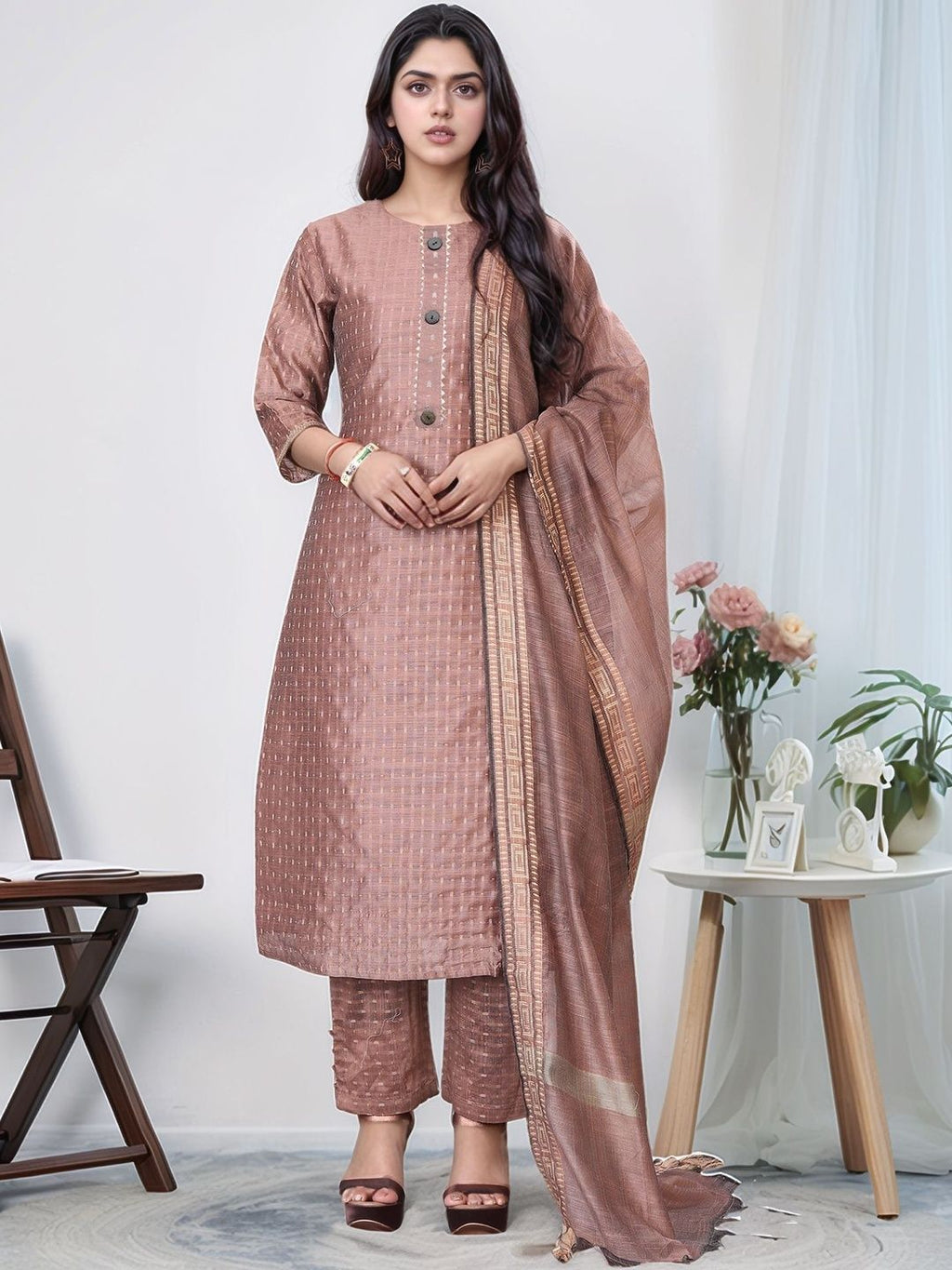 Dhimhi Women's Regular Thread Work Kurta with Trousers & With Dupatta