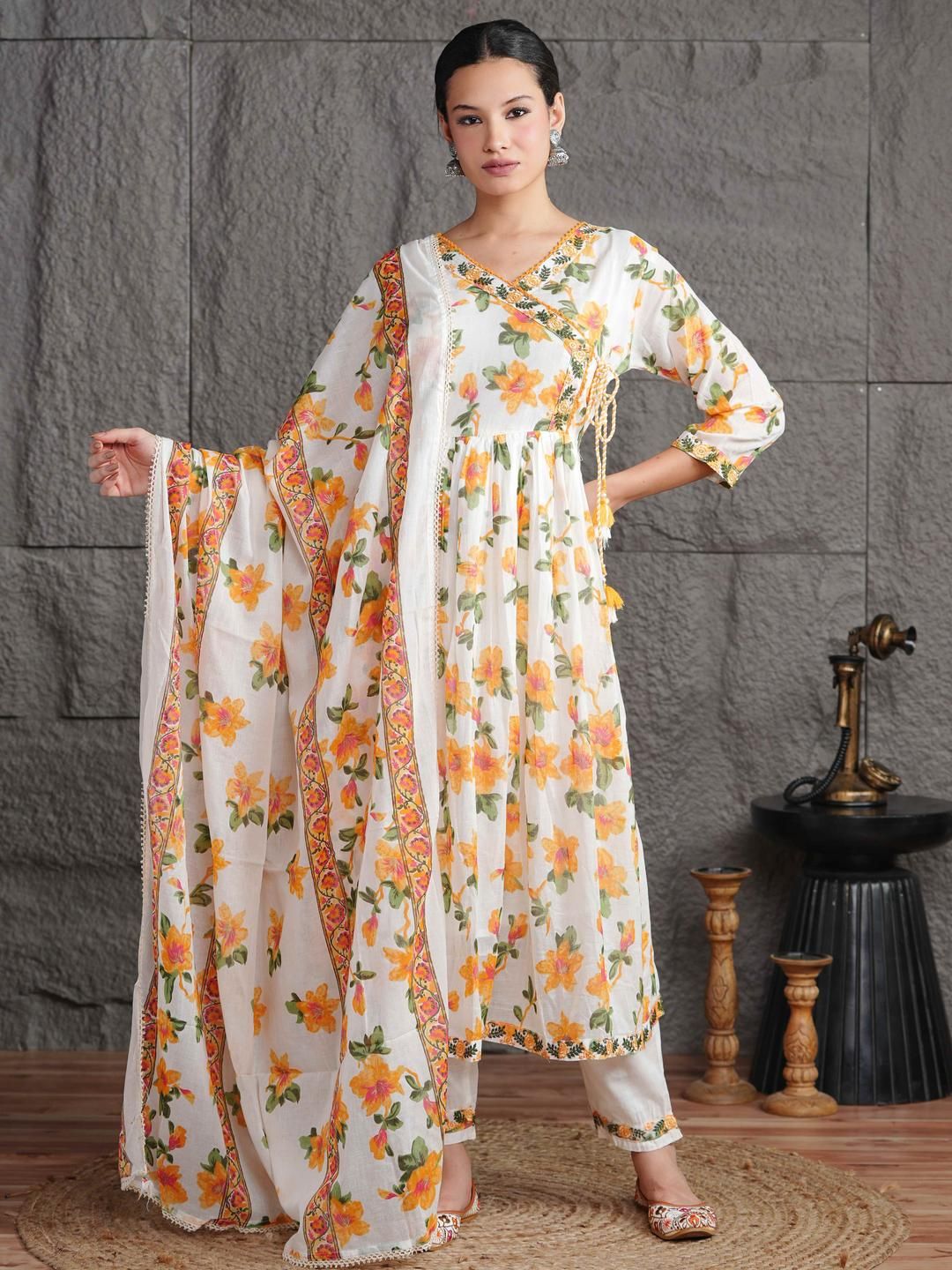 Dhimhi Women Anarkali Kurta & Angarkha Pattern & Embroidery Work Kurta Trousers & Dupatta