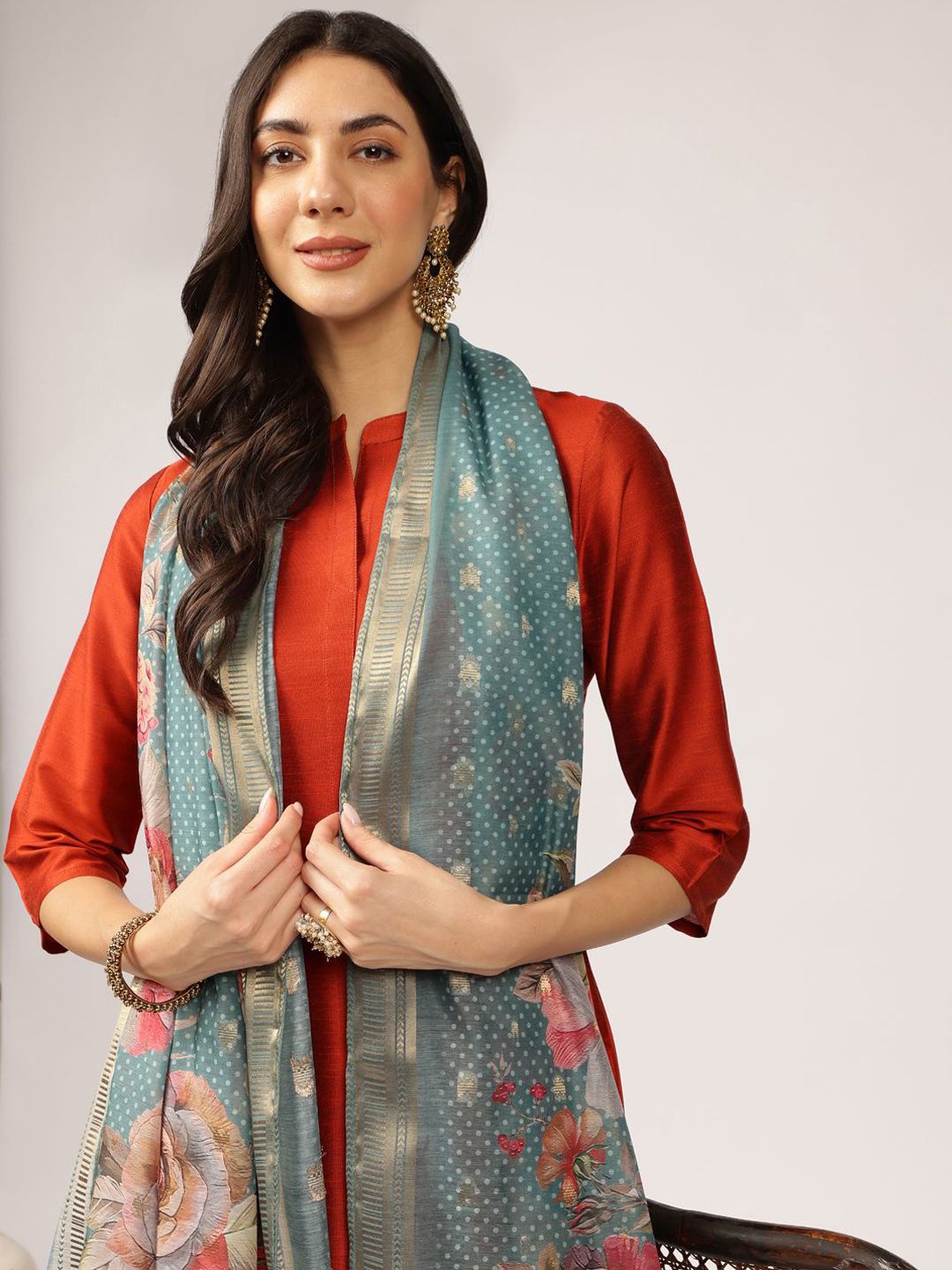 Dhimhi Women's Rust Mandarin Collar Straight Kurta with Palazzo and Dupatta