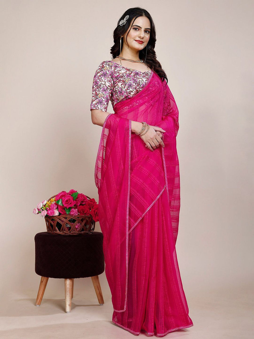 Dhimhi Women's Striped Pure Chiffon Saree With Unstitched Blouse Piece