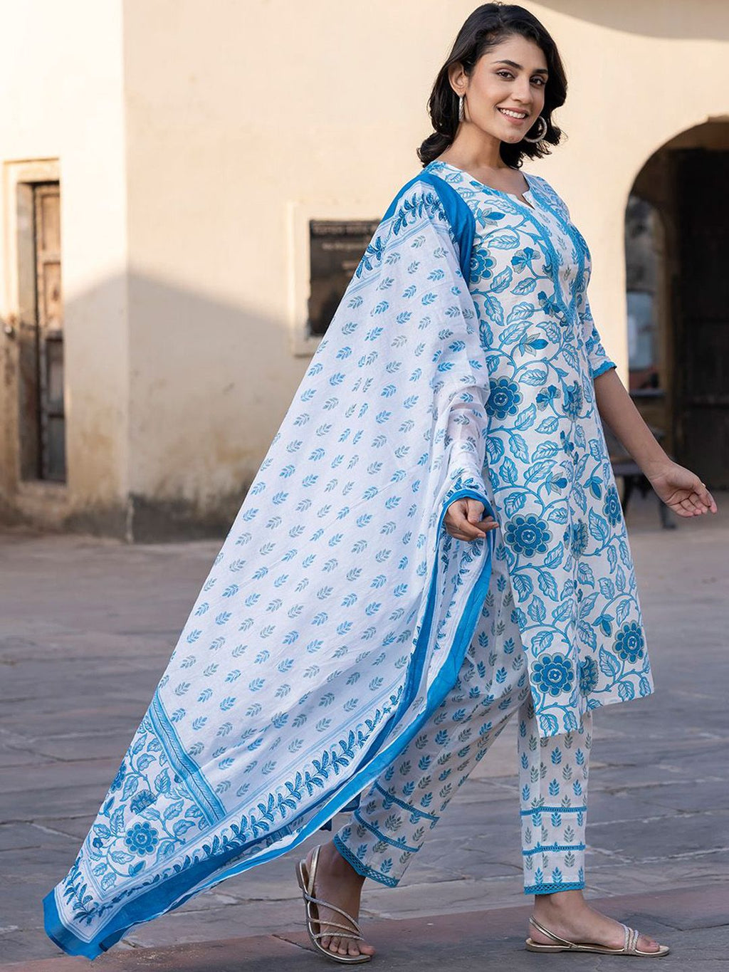 Dhimhi Women's Floral Printed Straight Pure Cotton Kurta With Trousers & Dupatta