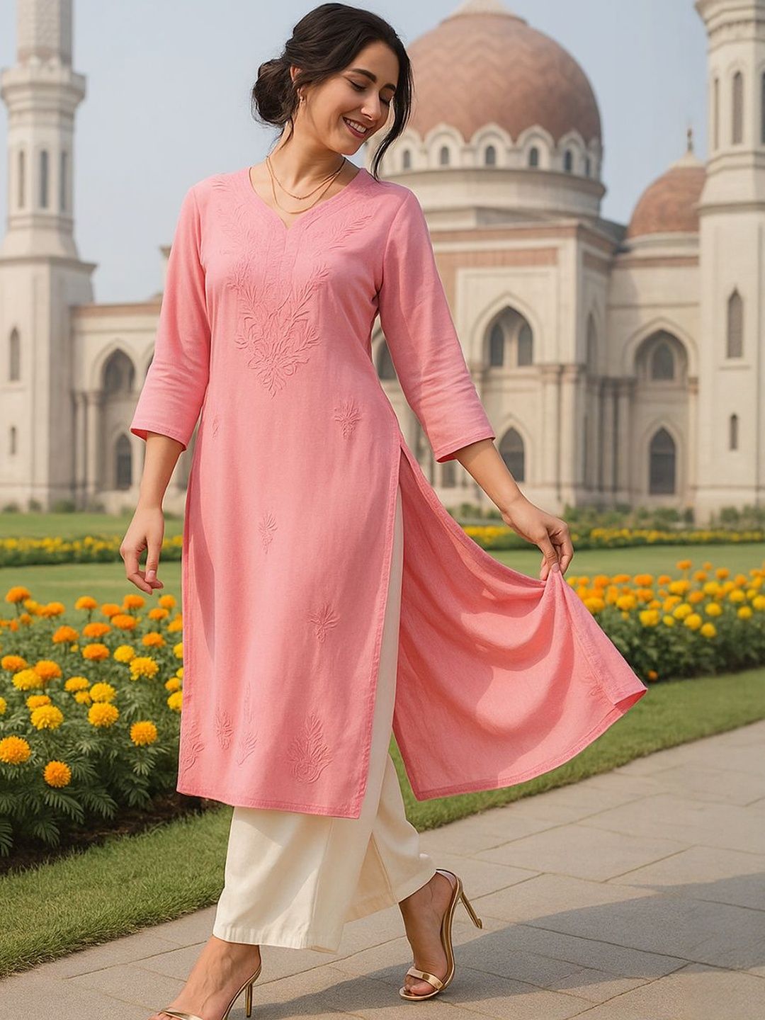 Women Pink Embroidered Straight Kurtas