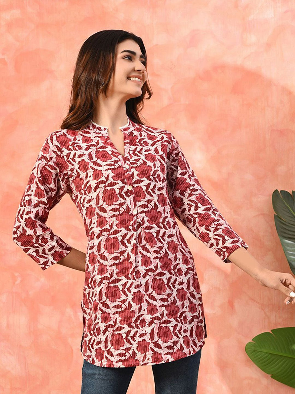 Dhimhi Women's Floral Printed Pure Cotton Three Quarter Sleeve Tunic