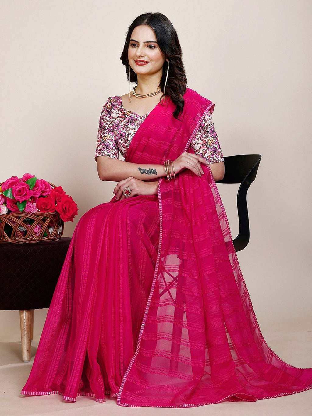 Dhimhi Women's Striped Pure Chiffon Saree With Unstitched Blouse Piece