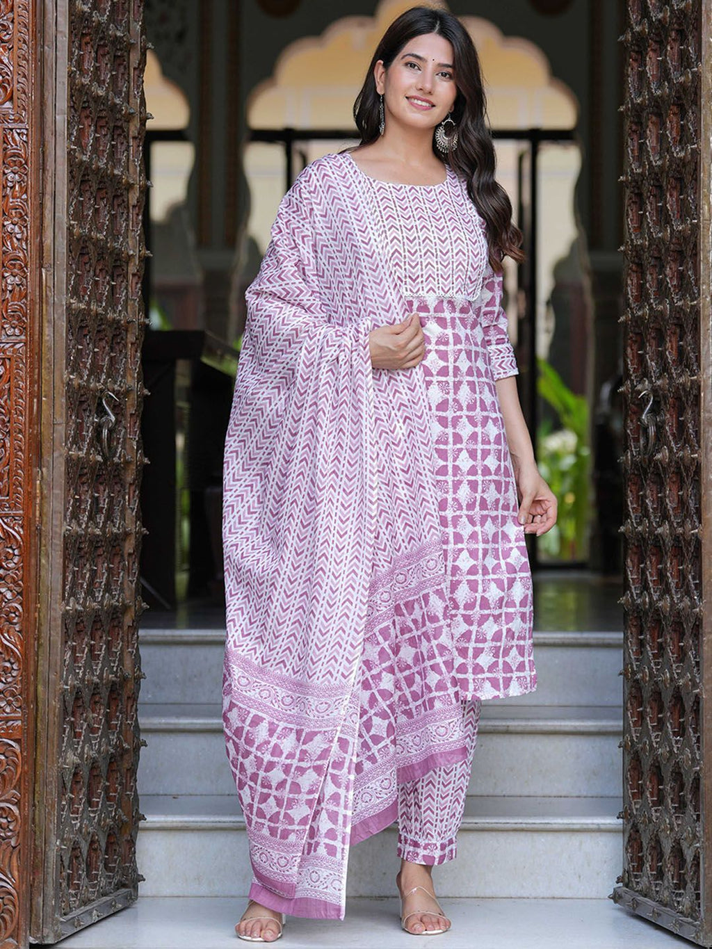 Dhimhi Women's Geometric Printed Pure Cotton Straight Kurta with Salwar & Dupatta
