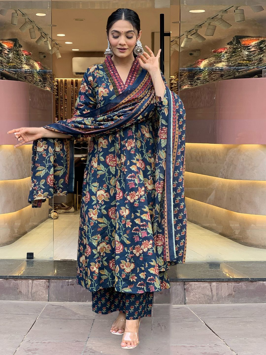 Dhimhi Women's Floral Printed V-Neck Anarkali Kurta with Palazzos & Dupatta