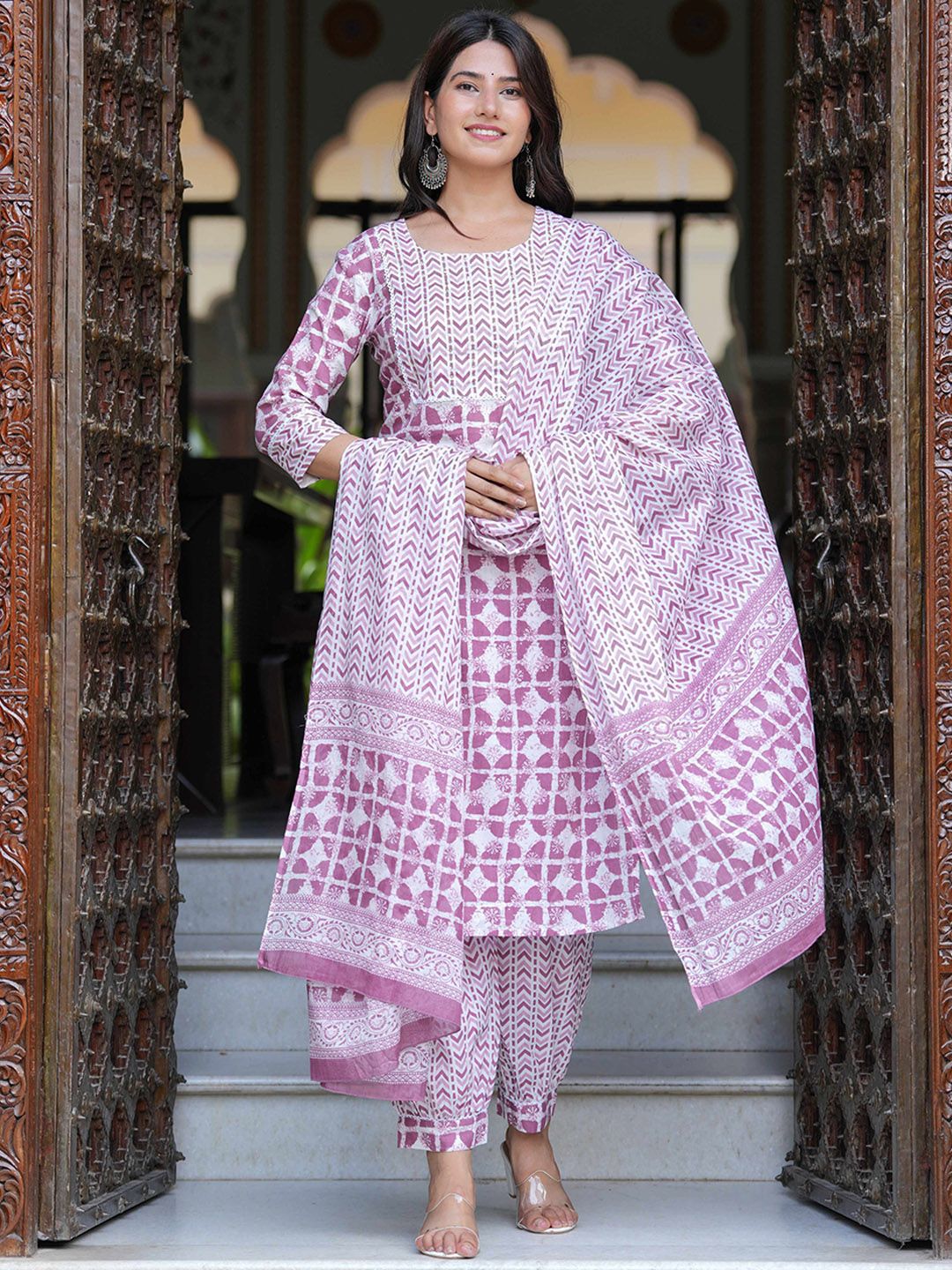 Dhimhi Women's Geometric Printed Pure Cotton Straight Kurta with Salwar & Dupatta