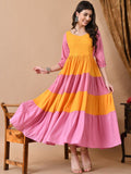 Dhimhi Women's Viscose Rayon Colourblocked Fit & Flared Midi Ethnic Dresses