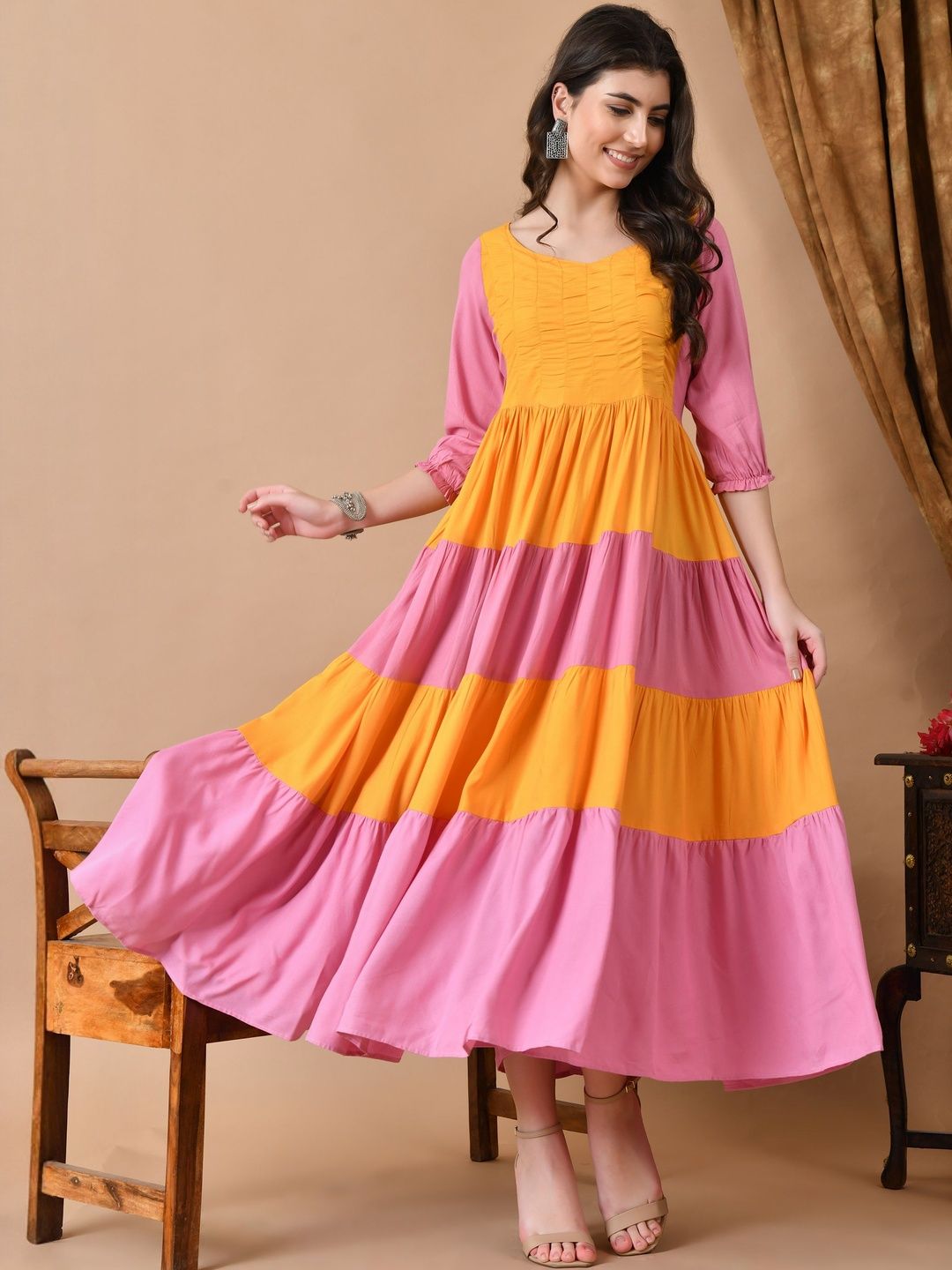 Dhimhi Women's Viscose Rayon Colourblocked Fit & Flared Midi Ethnic Dresses