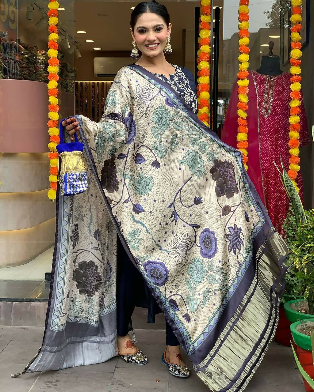Dhimhi Women's Navy Blue Women's Beautiful Viscose Chanderi Fabric Embroidered Work Straight Kurta Pant and Dupatta Set