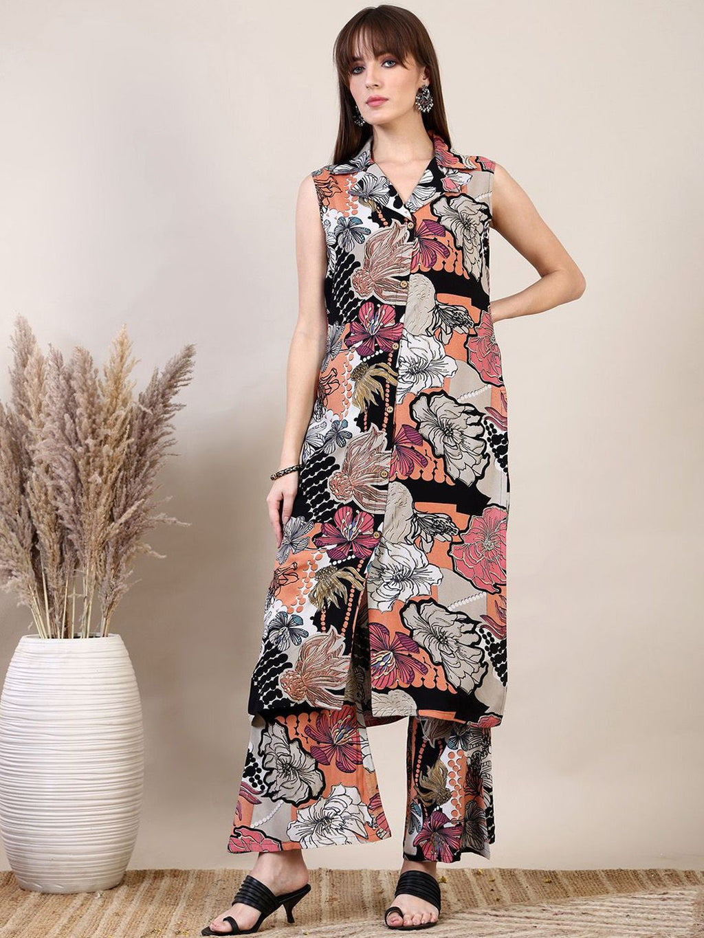 Dhimhi Women's Floral Printed Shirt Collar Kurta With Palazzo