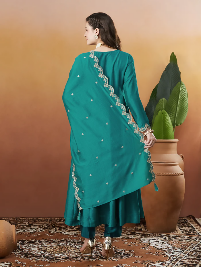 Dhimhi women's Vichitra silk embroidered kurta set with flared Anarkali pants and matching dupatta, featuring intricate embroidery details.