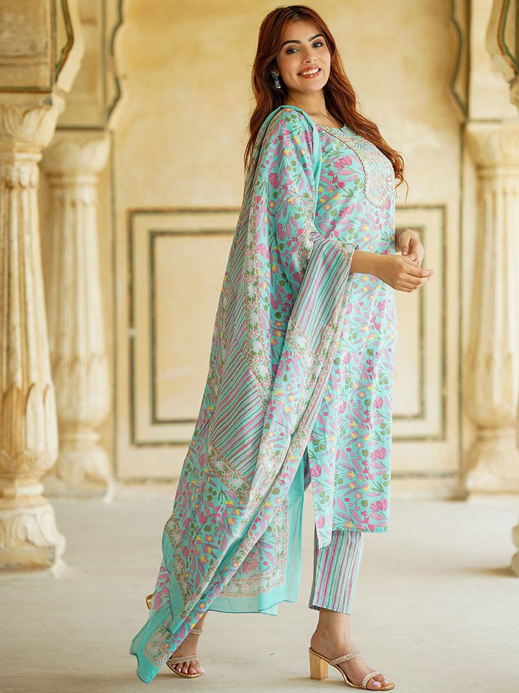 Dhimhi Women's Floral Printed Mirror Work Pure Cotton Straight Kurta With Trousers & Dupatta