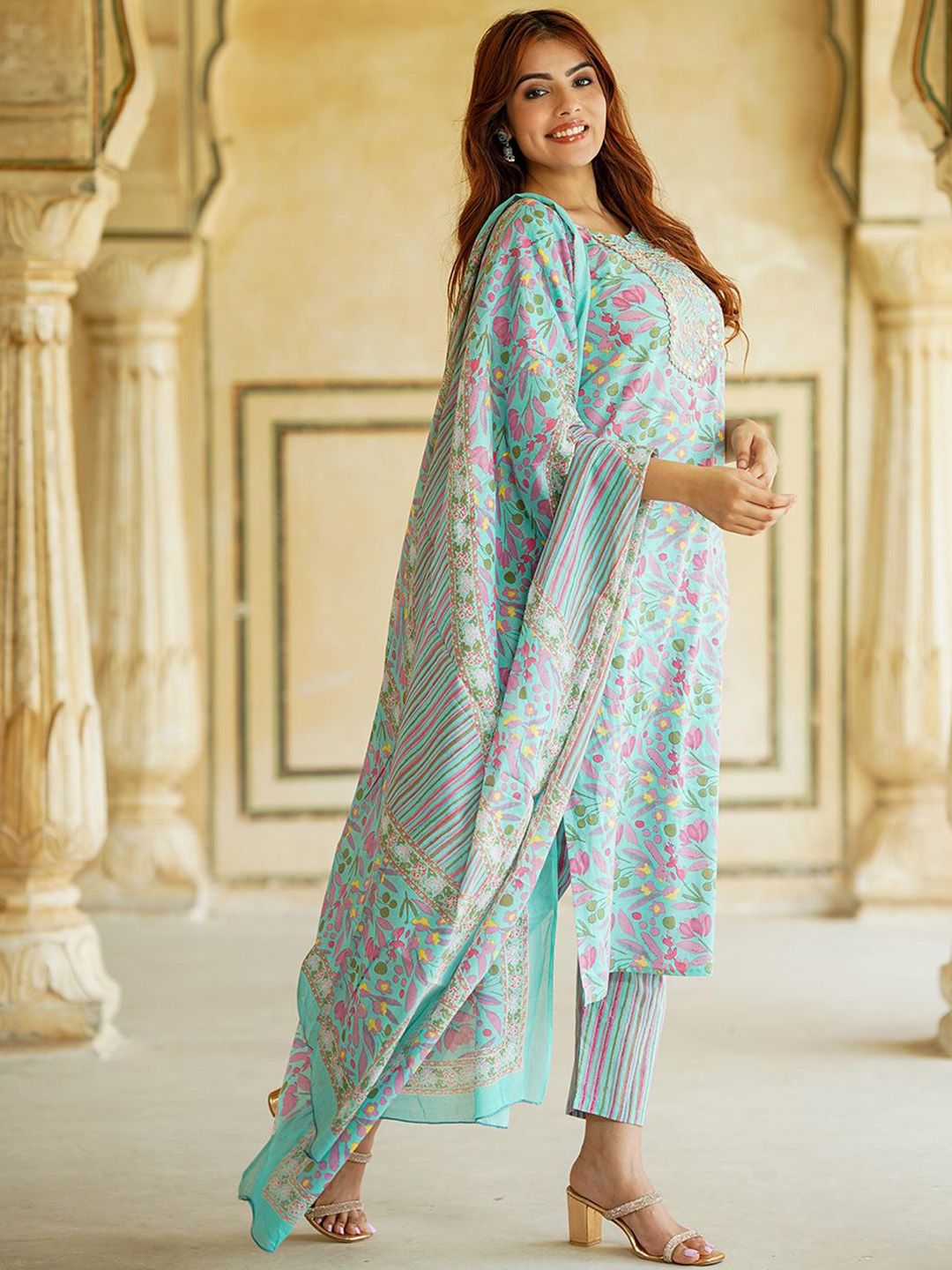 Dhimhi Women's Floral Printed Mirror Work Pure Cotton Straight Kurta With Trousers & Dupatta