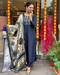 Dhimhi Women's Navy Blue Women's Beautiful Viscose Chanderi Fabric Embroidered Work Straight Kurta Pant and Dupatta Set
