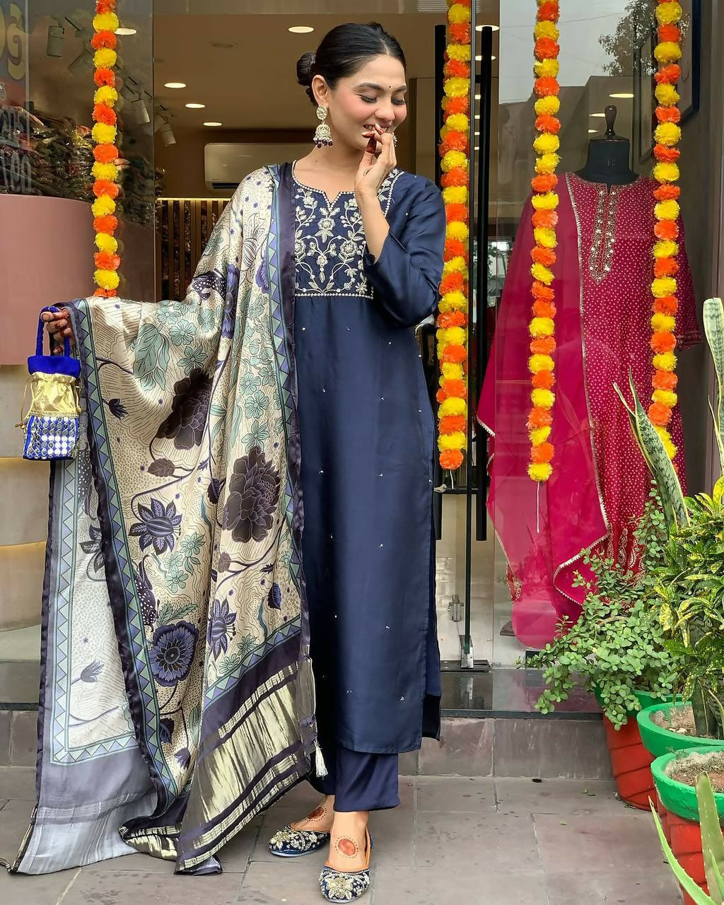 Dhimhi Women's Navy Blue Women's Beautiful Viscose Chanderi Fabric Embroidered Work Straight Kurta Pant and Dupatta Set