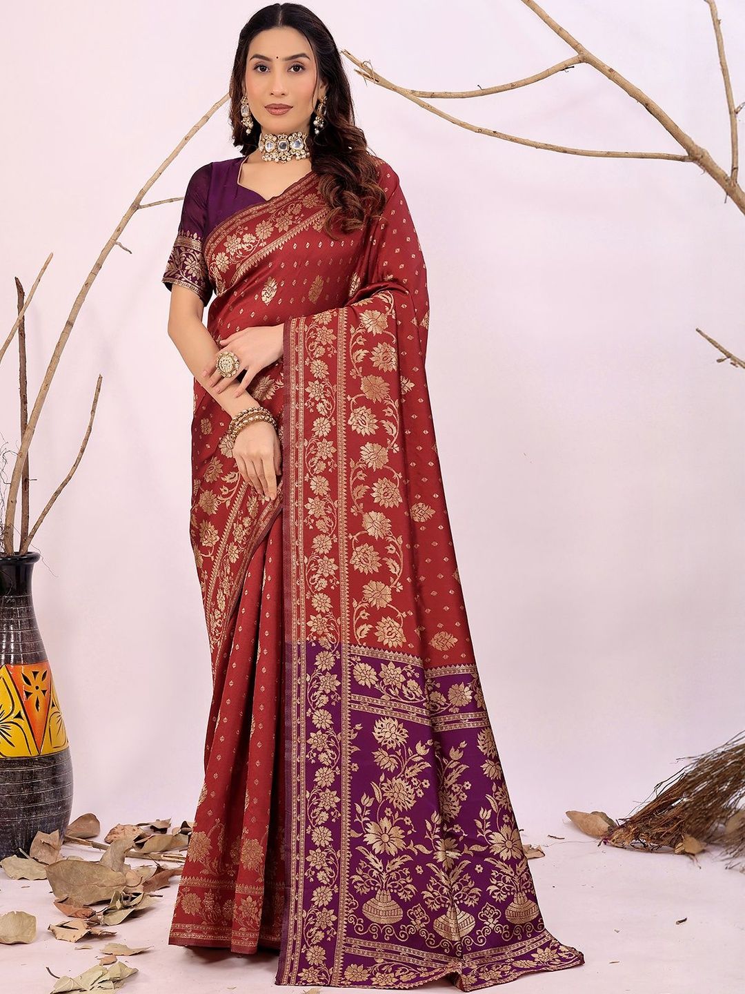 Dhimhi Women's Maroon Woven Design Silk Cotton Kanjeevaram Sarees