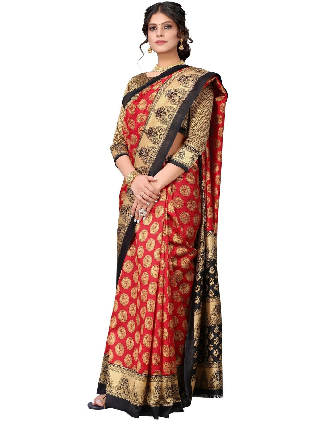 Dhimhi Women's Red & Green Peacock Printed Art Silk Saree