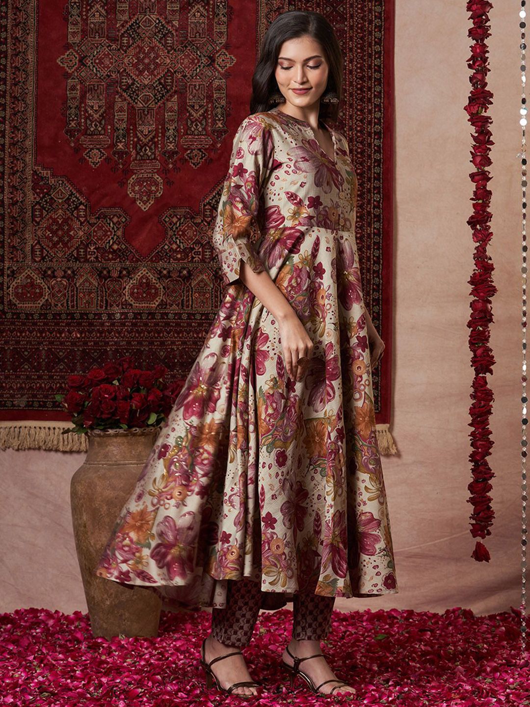 Dhimhi Women's Floral Printed Anarkali Kurta With Trouser