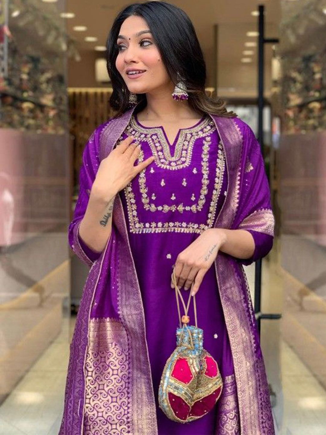 Dhimhi Women's Ethnic Motifs Embroidered Regular Kurta with Trousers & With Dupatta