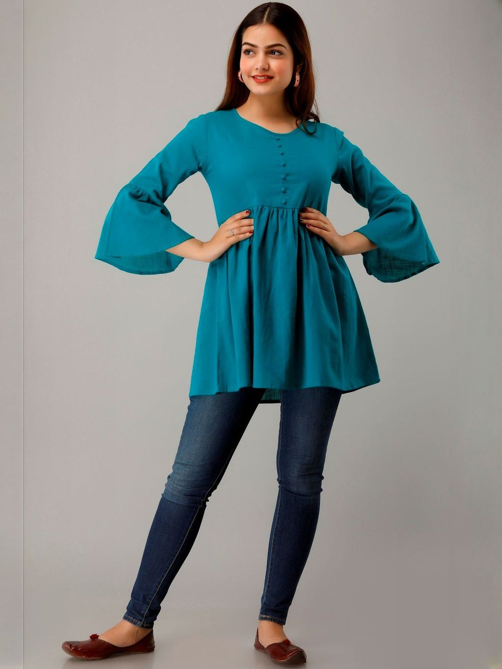 Dhimhi Women's Rayon Solid Bell Sleeve Top