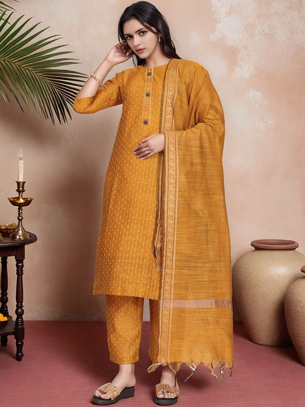 Dhimhi Women's Ethnic Motifs Printed Regular Kurta with Trousers & With Dupatta