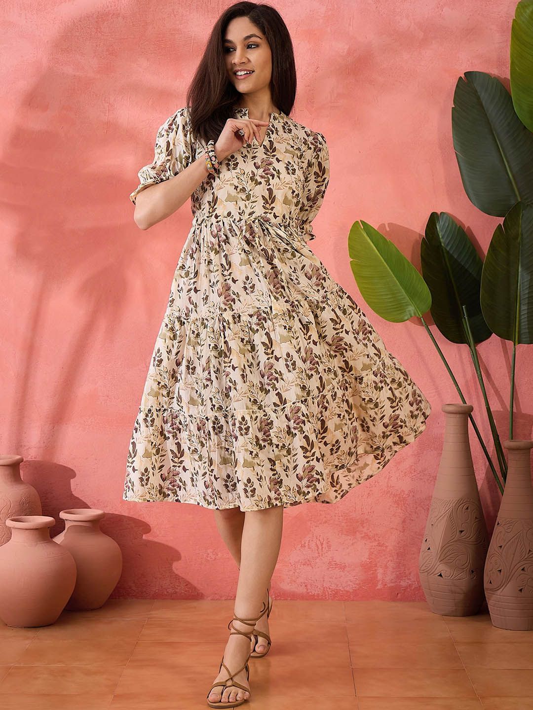 Dhimhi Women's Printed Pure Cotton A-Line Ethnic Dress