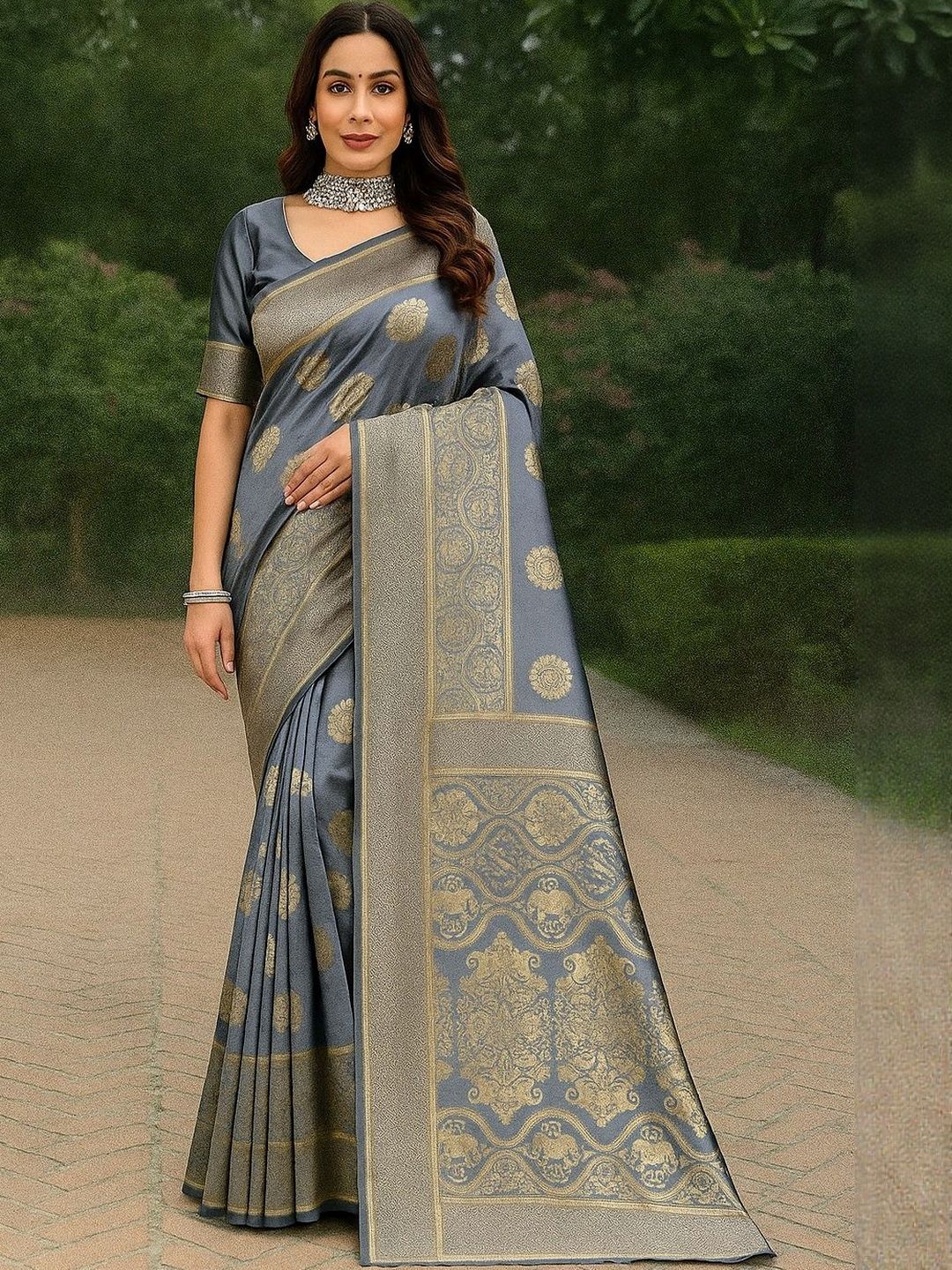 Dhimhi Women's Grey Silk Cotton Woven Design Sarees