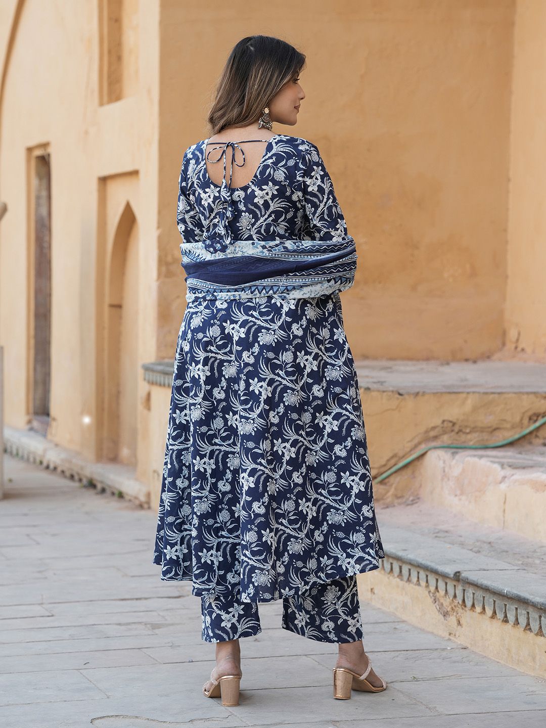 Dhimhi Women's Floral Printed Pure Cotton Anarkali Kurta with Trousers & Dupatta