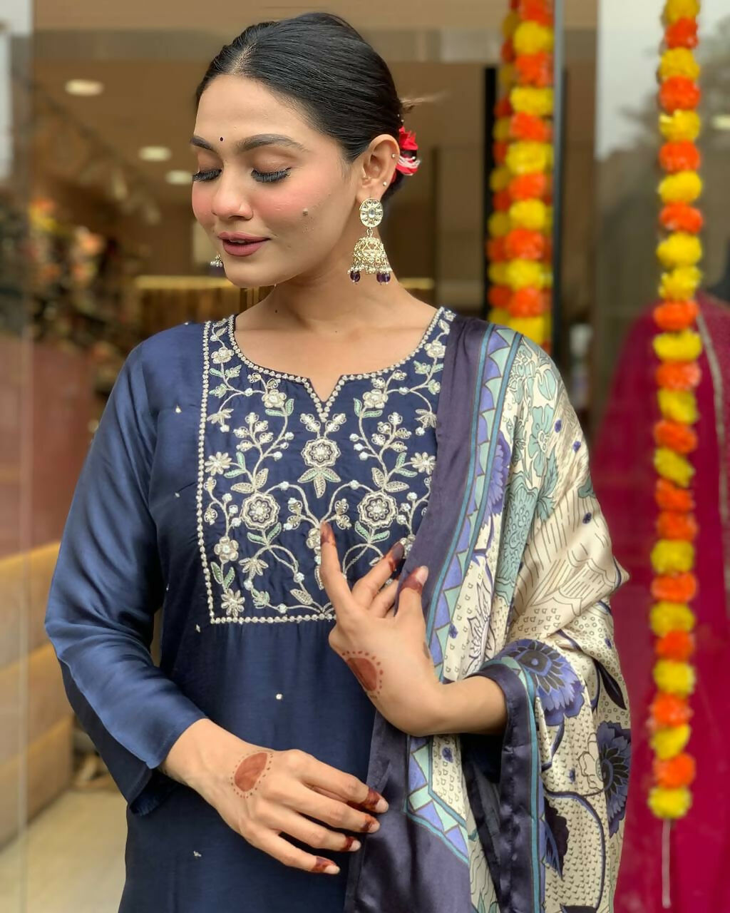 Dhimhi Women's Navy Blue Women's Beautiful Viscose Chanderi Fabric Embroidered Work Straight Kurta Pant and Dupatta Set