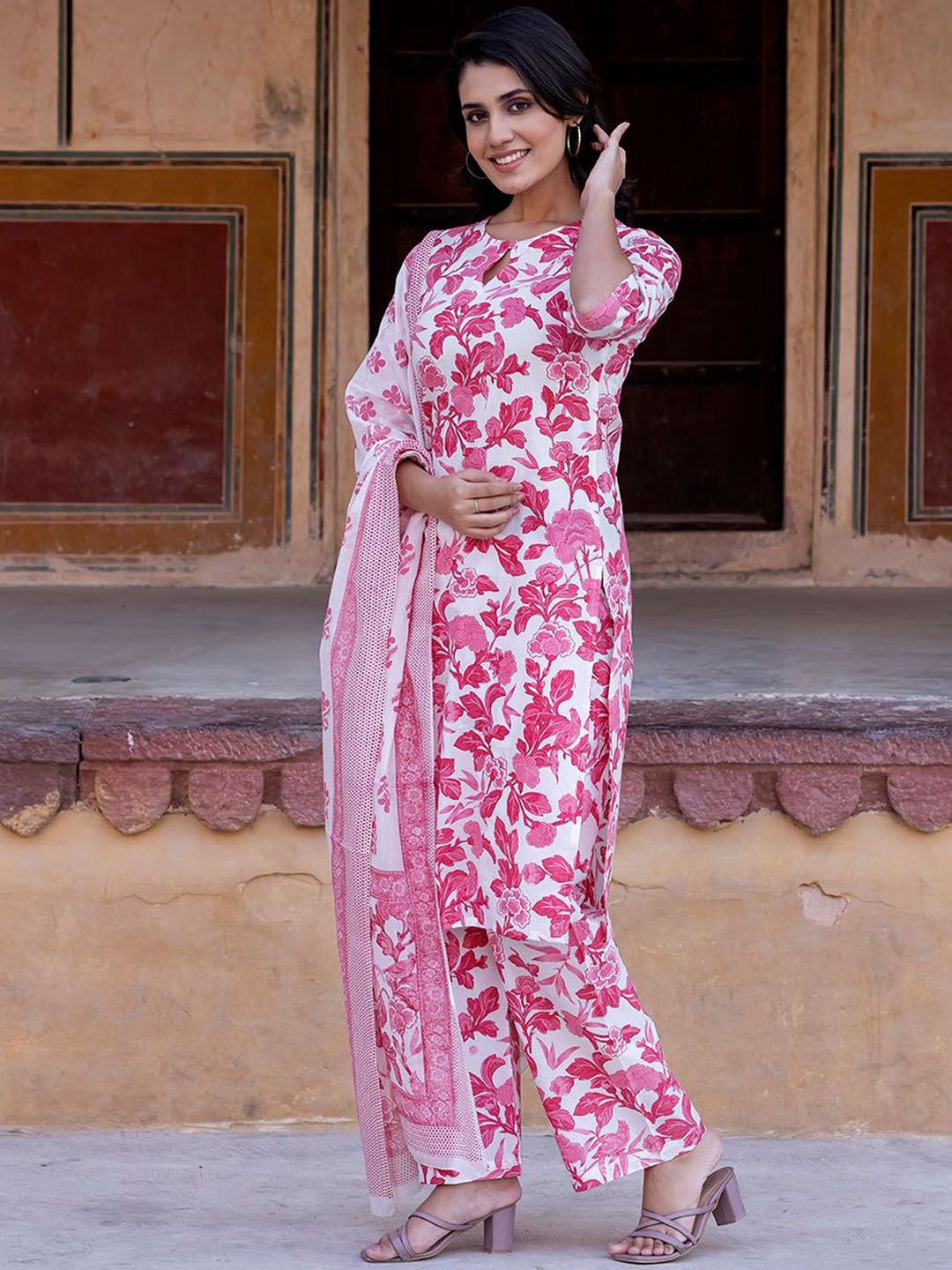 Dhimhi Women's Floral Printed Straight Pure Cotton Kurta With Trousers & Dupatta