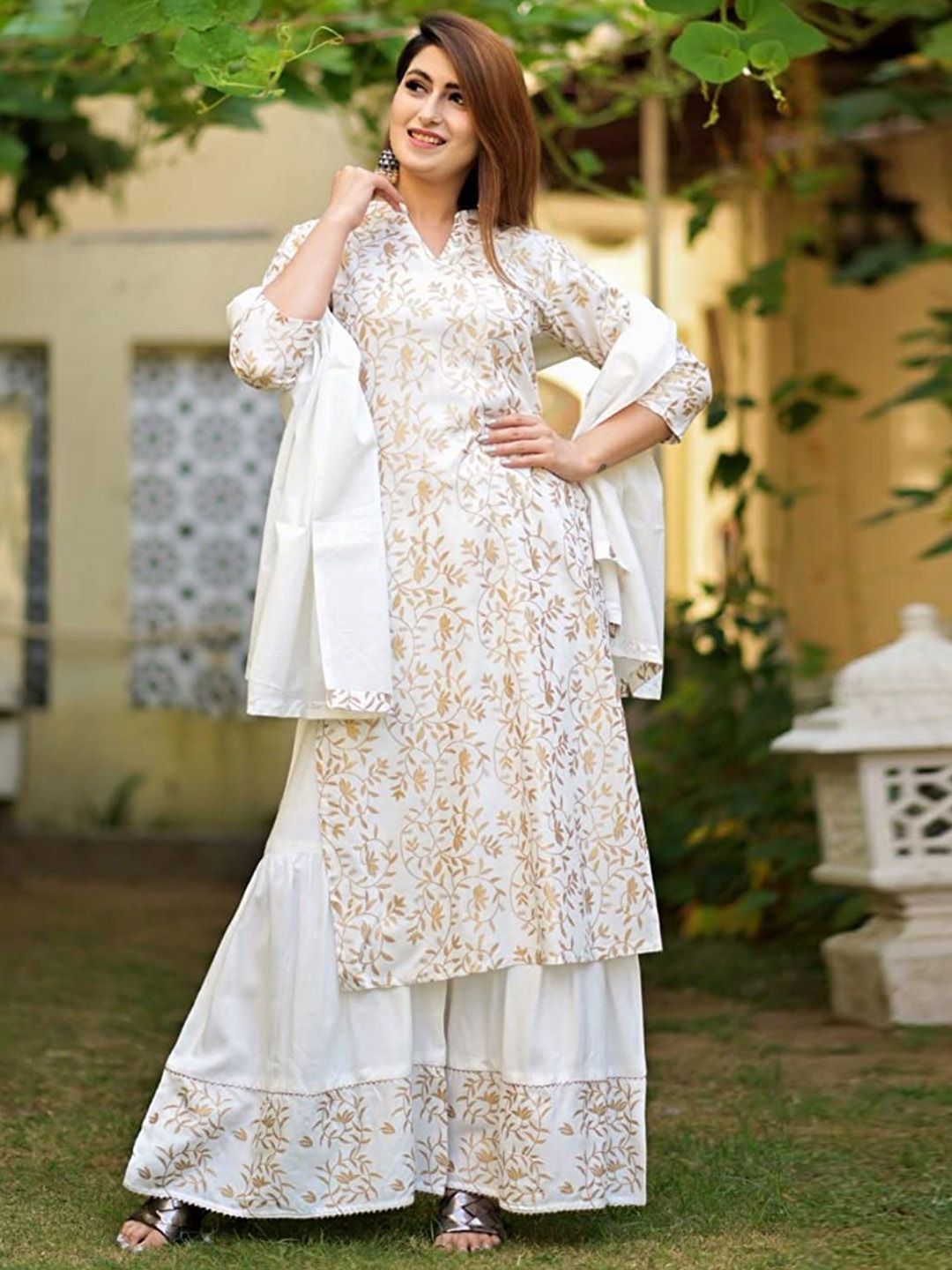 Dhimhi Women's Floral Printed Regular Pure Cotton Kurta with Sharara & With Dupatta