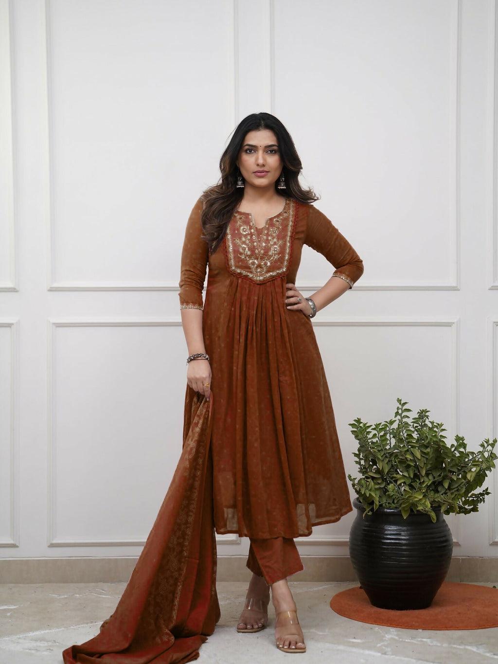 Dhimhi women's cotton embroidery kurta set with straight kurta, matching pants, and dupatta, featuring colorful embroidered details.