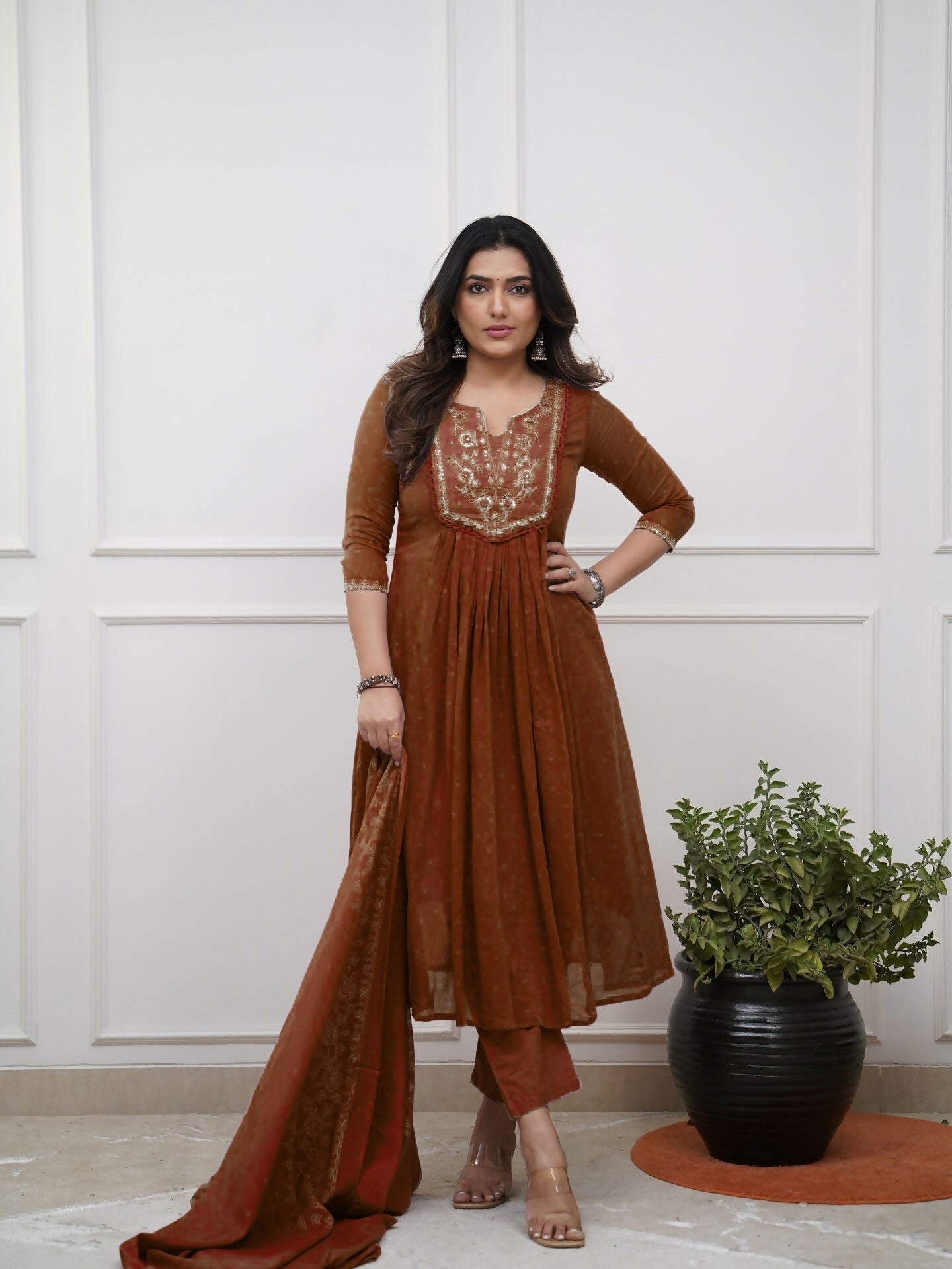 Dhimhi women's cotton embroidery kurta set with straight kurta, matching pants, and dupatta, featuring colorful embroidered details.