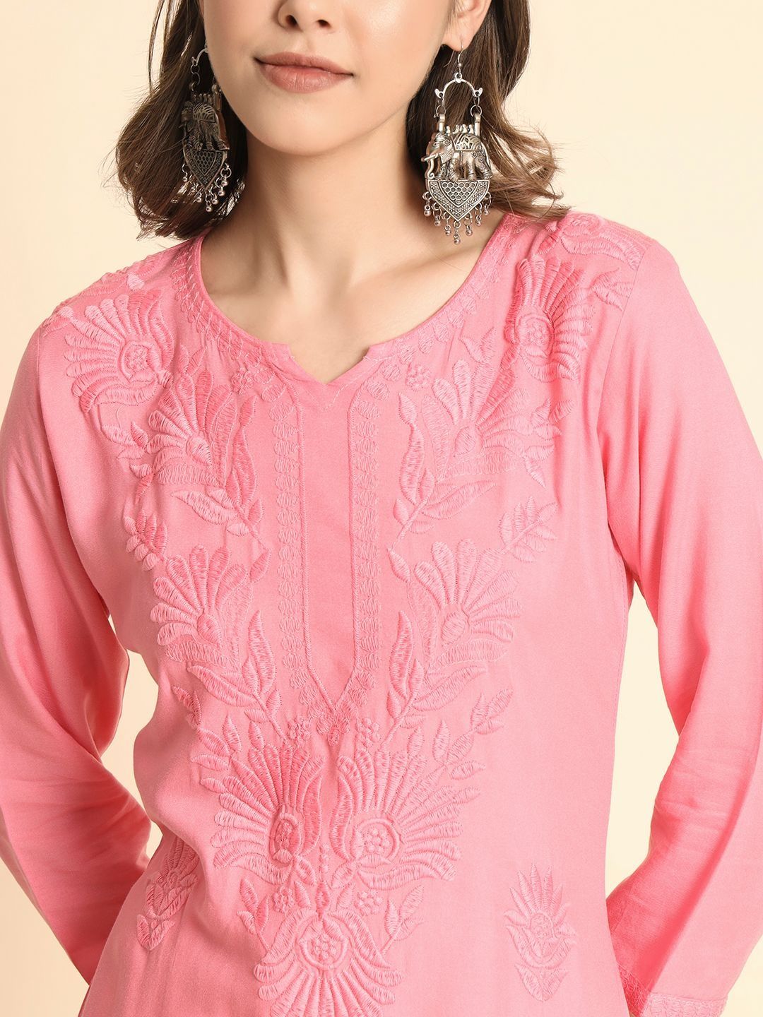 Women Pink Embroidered Straight Kurtas