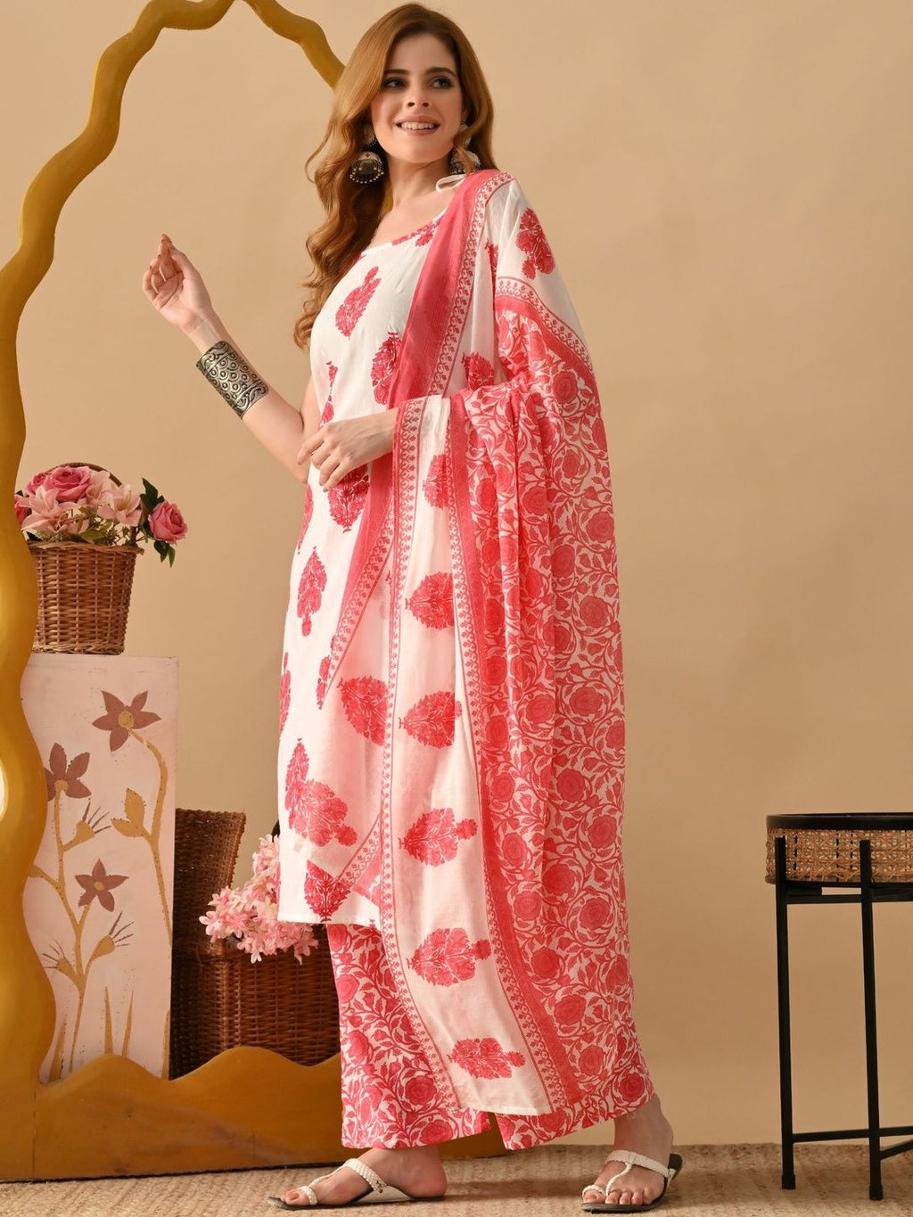 Dhimhi Women's White & Pink Pure Cotton Floral Printed Kurta Set With Palazzos & Dupatta