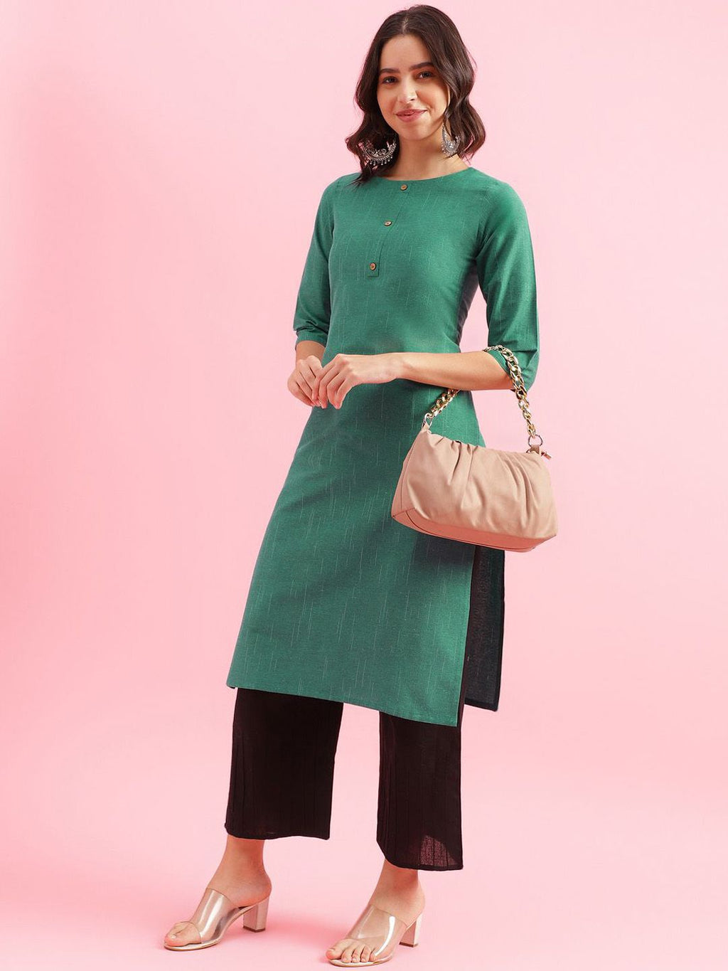 Woven Design Round Neck Straight Kurta