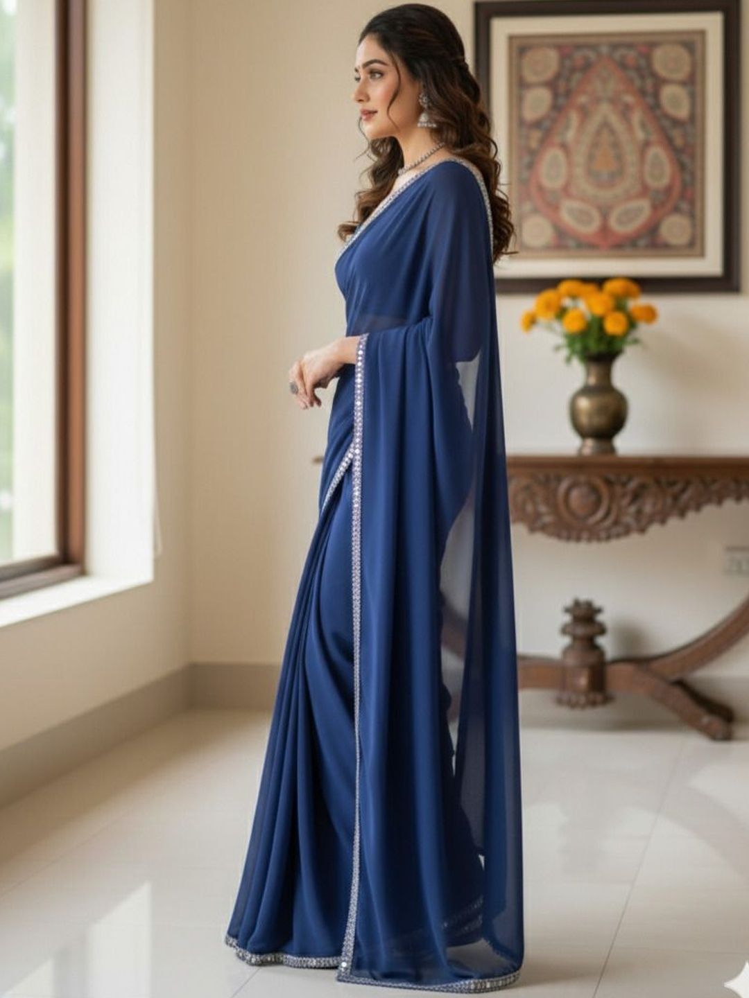 Dhimhi Women's Mirror Work Pure Georgette Banarasi Saree