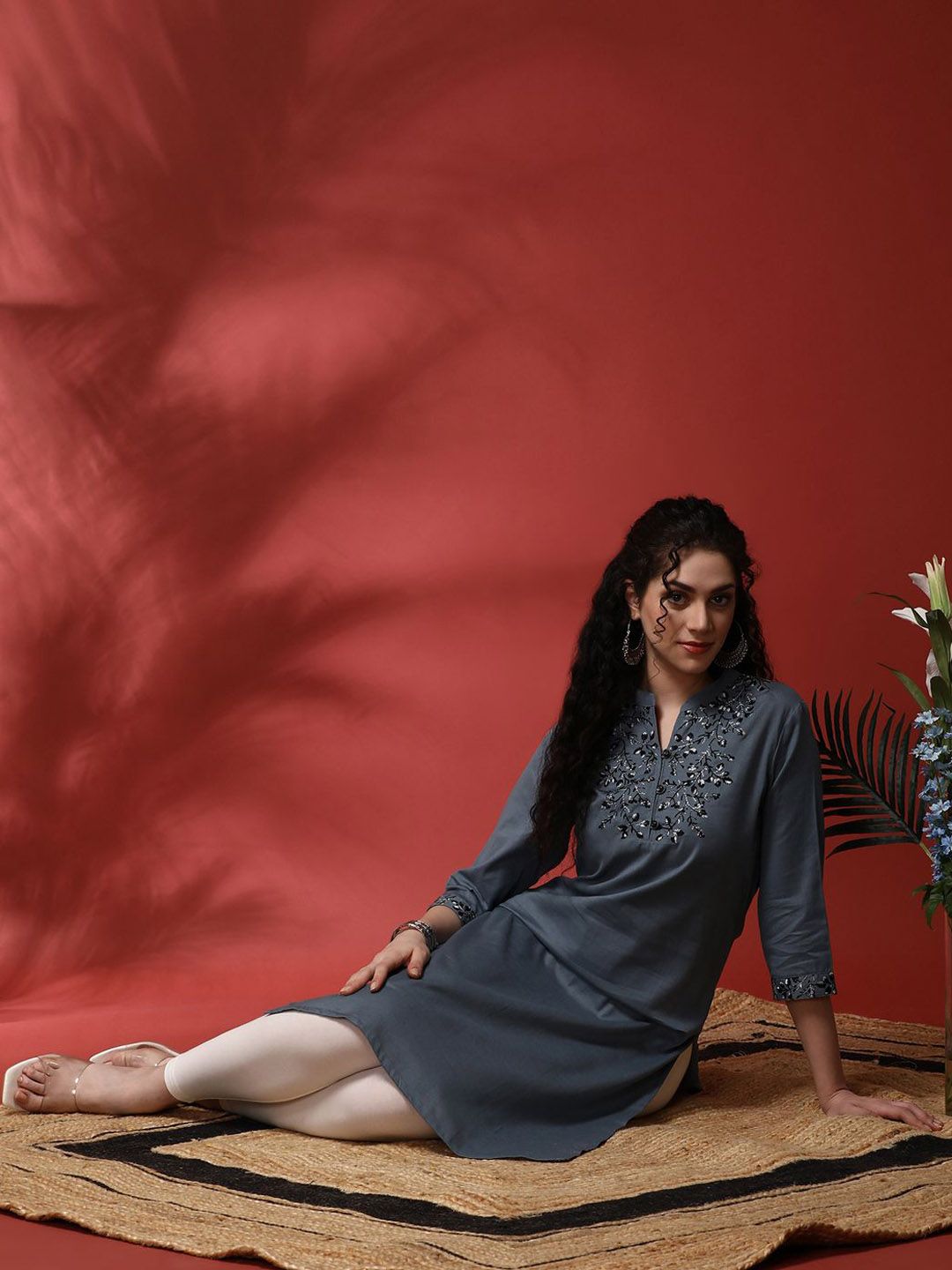 Floral Yoke Design Mandarin Collar Pure Cotton Straight Kurta