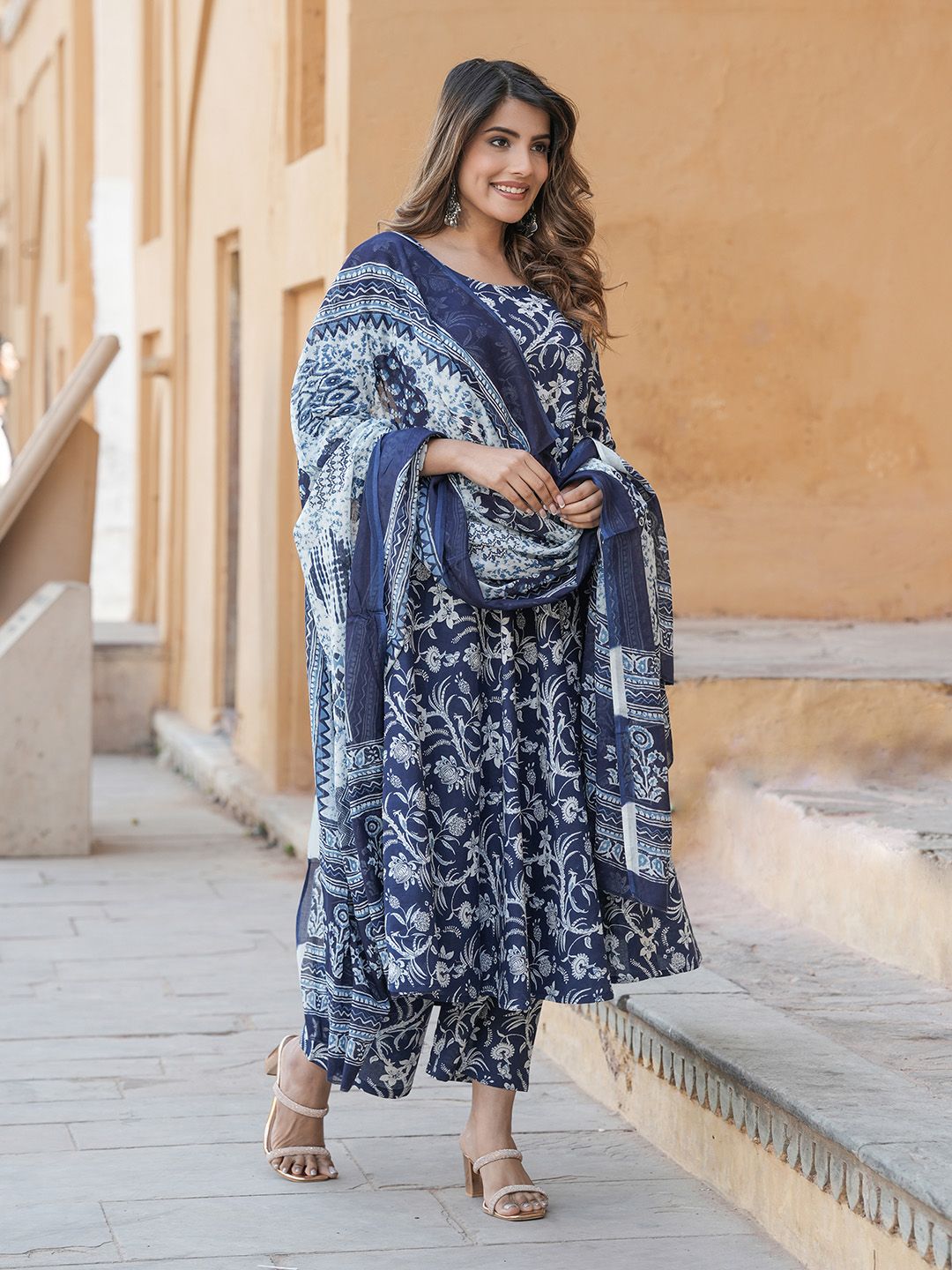 Dhimhi Women's Floral Printed Pure Cotton Anarkali Kurta with Trousers & Dupatta