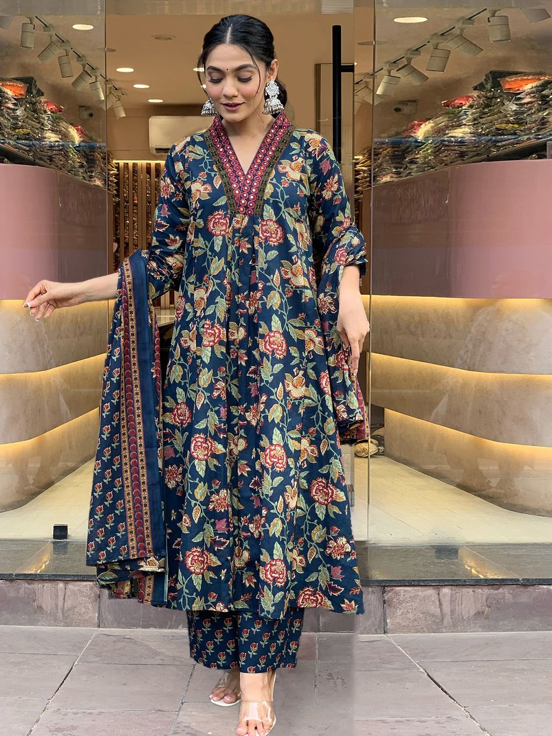 Dhimhi Women's Floral Printed V-Neck Anarkali Kurta with Palazzos & Dupatta