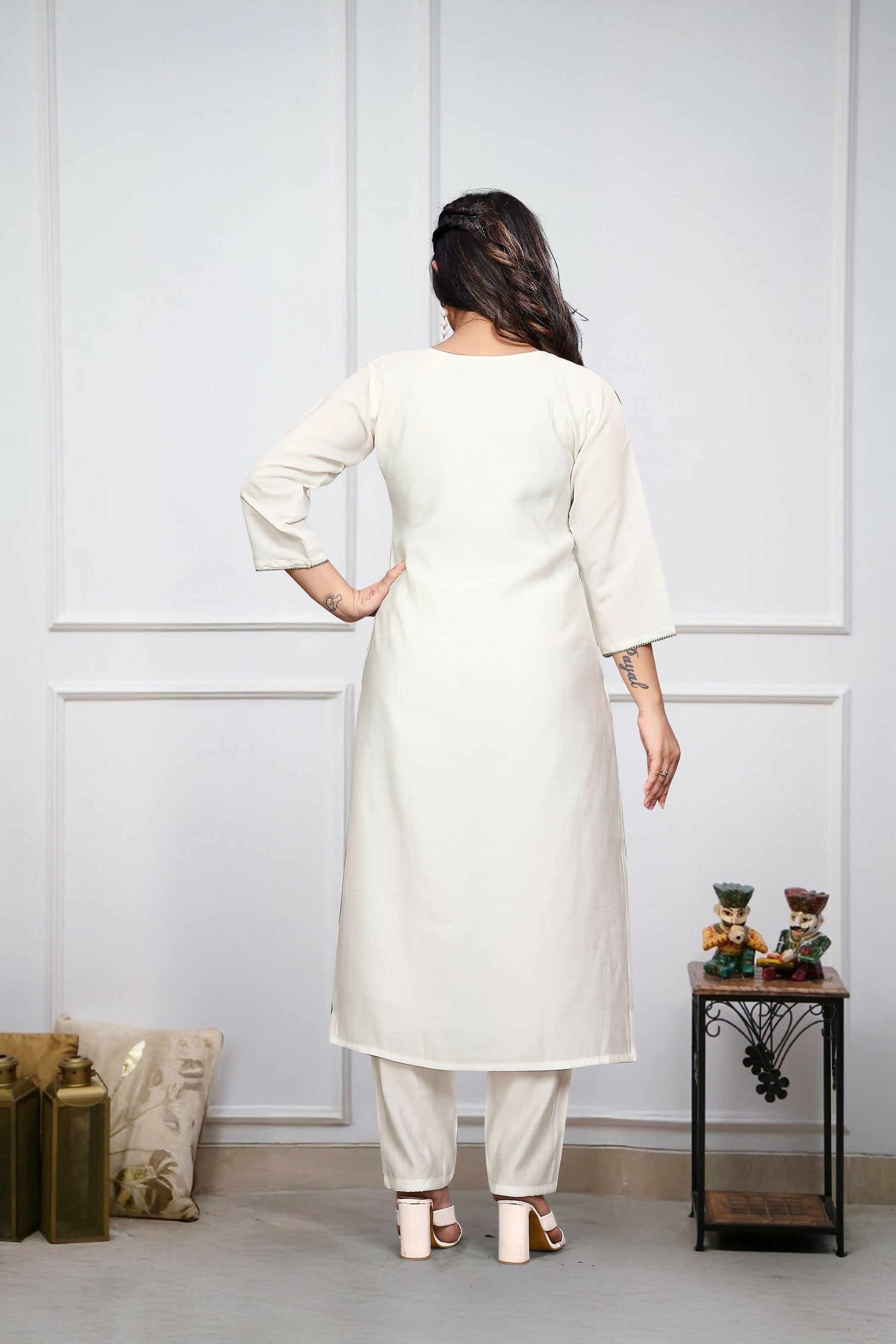 Dhimhi Women's Off White Beautiful Embroidered Viscose Chanderi Fabric Straight Kurta Pant with Dupatta Set